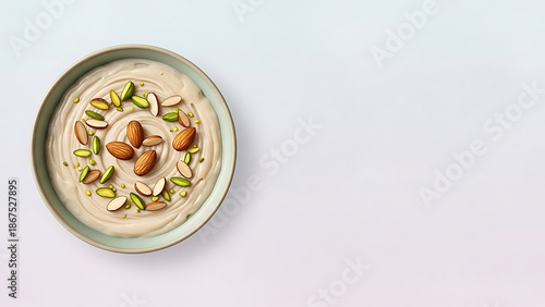 Samanu Wheat Pudding with Pistachios and Almonds – Minimalist Watercolor on Pearl to Lavender Gradient with Copy Space for Nowruz