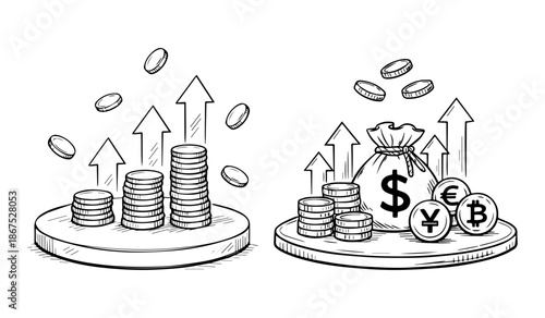 sketch for business, finance, management. The concept of graphs, money, increasing profits, charts, vector illustration