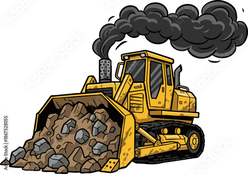Cartoon bulldozer pushing earth and rocks emitting heavy smoke