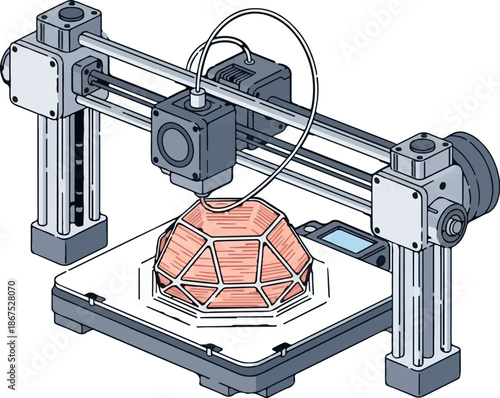 A 3D printer is creating a complex geometric object from orange filament