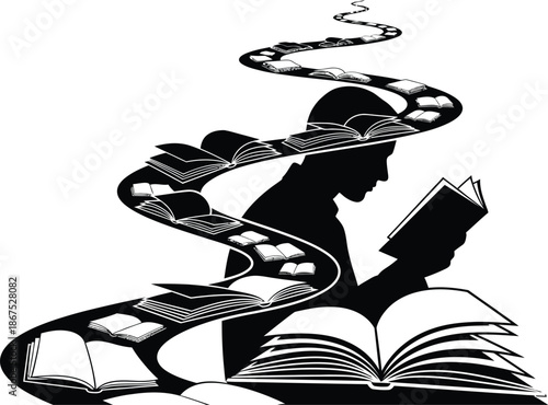 Vector illustration of a magic man reading an open book and flying on a broom with silhouette art and grunge design for education