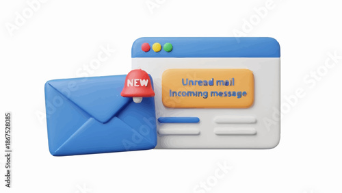 A 3D illustration of a blue envelope and an email notification window