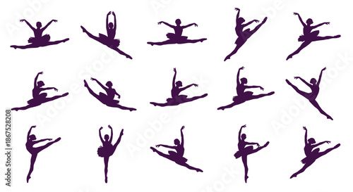 Graceful collection of purple silhouettes showing ballerinas in various dynamic and elegant ballet dance poses, including jumps and splits.