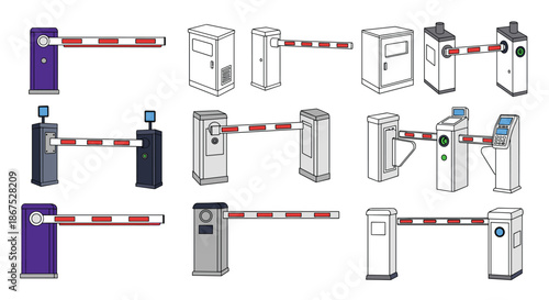 Comprehensive collection of parking barrier gates and turnstiles, illustrated in various styles from simple outlines to detailed colored designs.