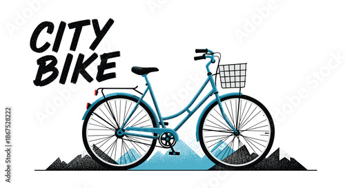 A stylish blue city bicycle with a basket is depicted against a backdrop of mountains.