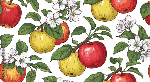 An autumnal harvest of ripe apples and delicate blossoms adorning tree branches.