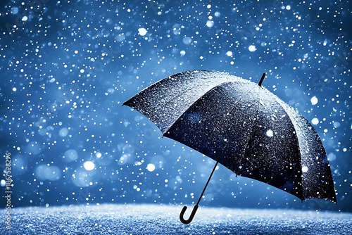 Umbrella in snowfall with blue background high resolution image