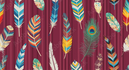 A vibrant and colorful collection of assorted feathers against a striped background.