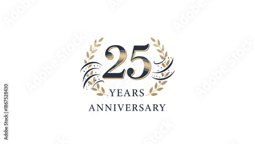 Twenty Five Years Anniversary Emblem with Golden Laurel Wreath, Prestigious Celebration Logo on Isolated White Background