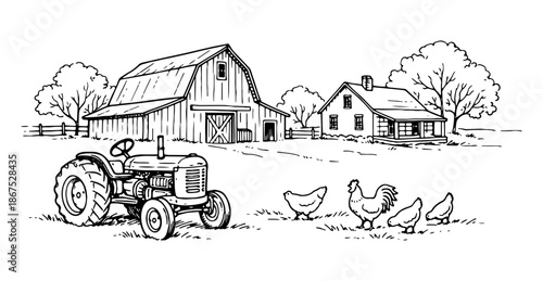 Farm Landscape with Barn, Tractor and Chickens Line Art Vector Illustration