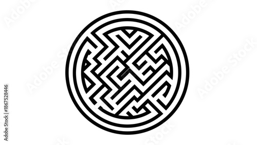 Intricate Black and White Circular Geometric Pattern, Labyrinth or Maze-like Design, isolated white background