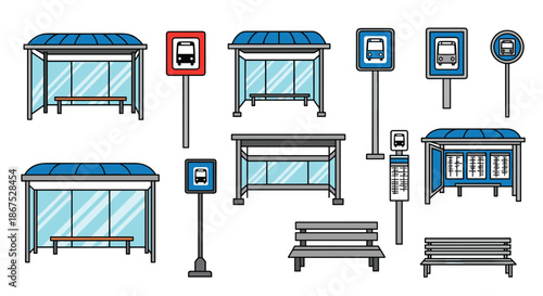 Collection of public transportation elements, including various styles of bus stops, shelters, benches, and signs, in a line art style.