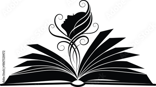 An open book features a vintage floral design with a magic tree and swirling leaves emerging from its paper pages in a black vector art illustration of nature and literature