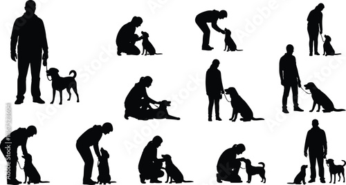 Man with dog silhouette collection showing walking training caring bonding companionship pet ownership love obedience and daily life moments