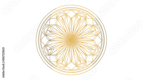 Golden intricate circular geometric pattern with mandala style on isolated white background, luxurious decorative element