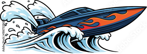 Dynamic Powerboat Speeding Over Waves Vector Illustration.