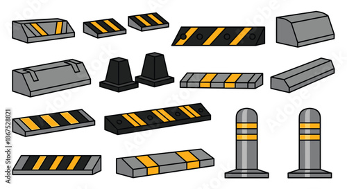 Isometric and 3D style collection of various parking curbs, wheel stoppers, and bollards in concrete and rubber designs.