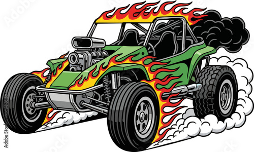 Retro Hot Rod Dune Buggy Racing Vector Illustration with Flames