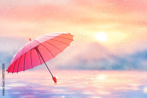 Red umbrella on water with falling snow high resolution image