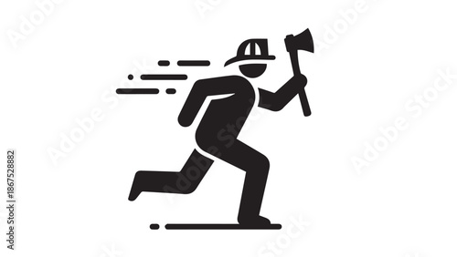 Running Firefighter Holding Axe Black Vector Icon