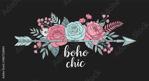 A beautiful boho chic floral arrow design with delicate flowers and leaves.