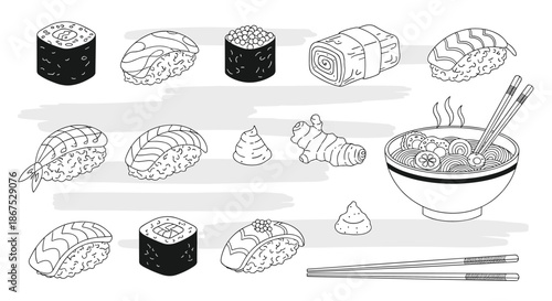 An assortment of delicious Japanese food items including sushi and other traditional dishes displayed in a visually appealing manner.