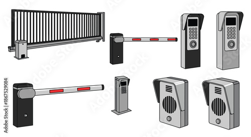 Collection of security gate and access control systems, including an automatic sliding gate, boom barriers, and intercom entry panels.