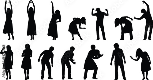 Silhouette, expressive, human, poses, dramatic, gesture, dance, movement, emotion, performance, art, black, figure, theatrical, body, language, action, abstract, character, stance
