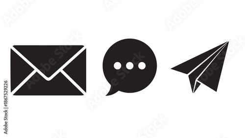 Set of modern communication icons including email envelope chat bubble and paper airplane on white background for messaging and networking concepts