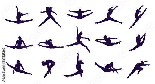Collection of dynamic female dancer silhouettes in various leaping, jumping, and splitting poses, showcasing modern and jazz dance styles.