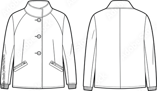 Technical sketch vector illustration of a buttoned jacket, front and back view template for fashion design