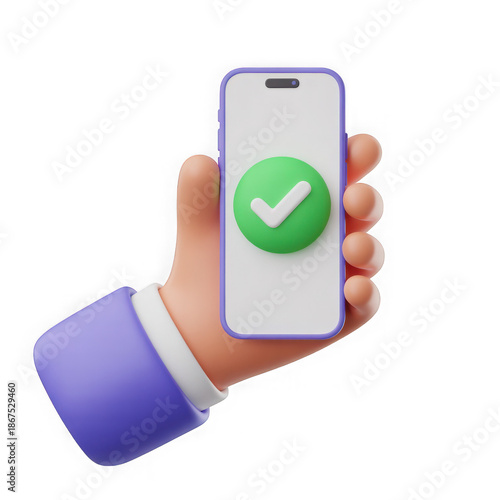 3D Cartoon Hand Holding a Smartphone with a Green Check Mark Icon mobile phone cell phone isolated on a transparent background