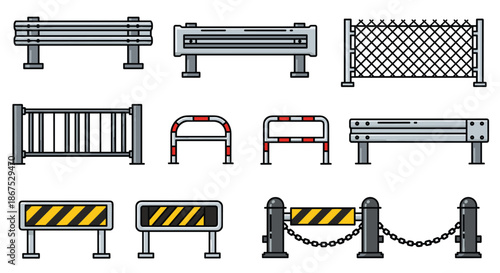Collection of various types of road and crowd control barriers, including guardrails, fences, and portable barricades, in a line art style.