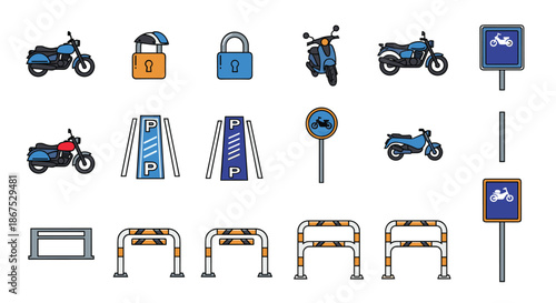Icon set for motorcycle parking, including various bikes, designated parking space markings, signs, security locks, and barriers.