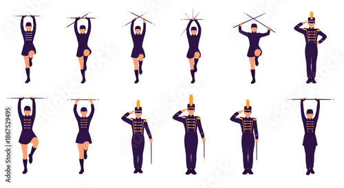 Set of marching band drum majors and majorettes in uniform, shown in various saluting and baton twirling poses for a parade.