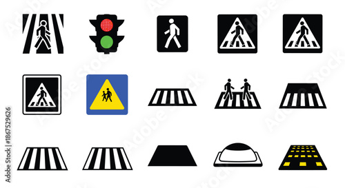 Set of crosswalk and pedestrian safety icons, including various road markings, traffic lights, and warning signs for school zones.