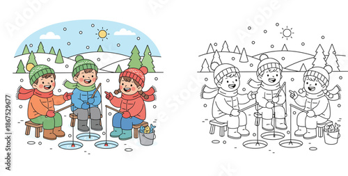Winter coloring book page for kids, three happy friends ice fishing on frozen lake, vector illustration with color guide and outline