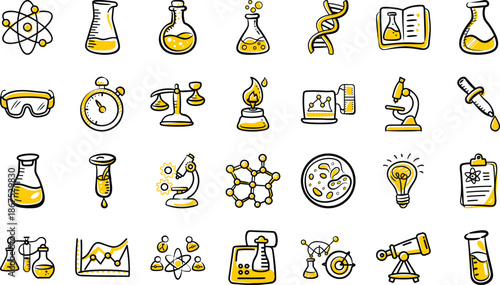  Cute Hand-Drawn Yellow Science Laboratory Icon Set: Atom, Beakers, Flasks, DNA Helix, Microscope, Test Tubes, Goggles, Bunsen Burner, Petri Dish & Chemistry Equipment Doodle Illustrations PNG Transpa