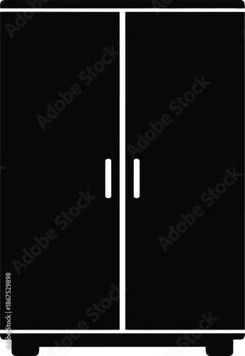 Minimalist black silhouette icon of a two-door wardrobe or closet against a white background