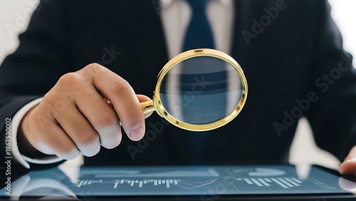 Businessman Examining Data with Magnifying Glass