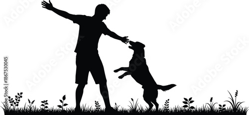 Man playing with dog silhouette outdoors showing joy companionship trust training bonding pet love freedom and happy lifestyle moment