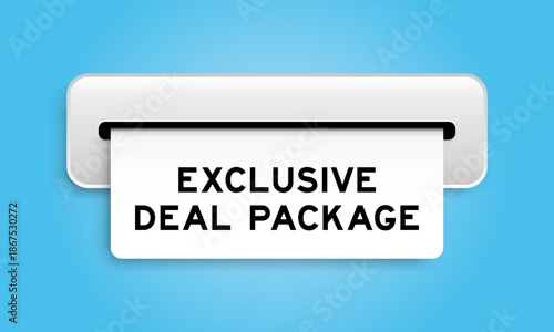 White coupon banner with word exclusive deal package from machine on blue color background