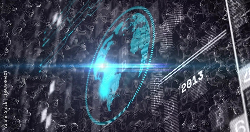 Fototapeta premium Glowing cyan-teal globe emitting lens flare within dotted ring in virtual UI, showing 2013 glyphs