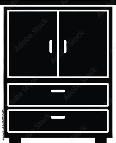 A black and white icon illustration depicting a wardrobe or storage cabinet with two doors and two drawers