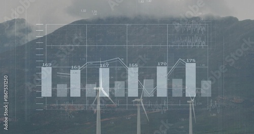 Displaying wind turbines and translucent charts over misty mountain ridge, showing numeric labels © vectorfusionart