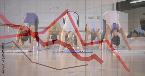 Fototapeta samoprzylepna Doing downward dog poses five adults wearing activewear in fitness studio, with mats and red charts