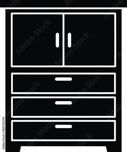A black and white icon representing a cabinet or dresser with multiple drawers and doors for household storage