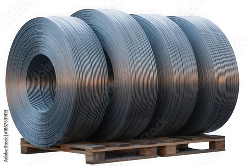 Roll of steel coil on wooden pallet isolated on transparent white background