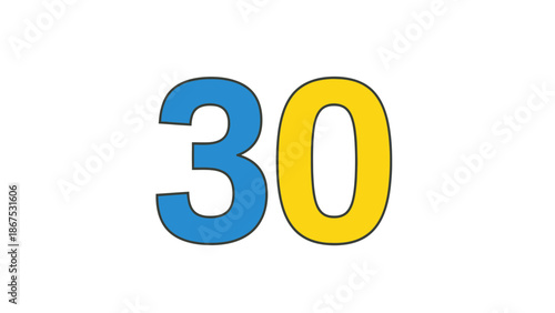 Number 30, Blue and Yellow, Isolated on White Background