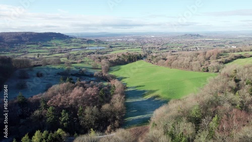 Aerial view of the Cotswolds and Gloucester, countryside landscape, England